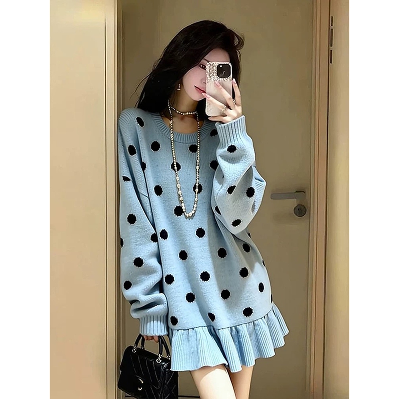 Blue Polka Dot Knit Straight Dress for Women, 2026 New Autumn Korean Style, Loose Fit, Slimming, Covers the Body