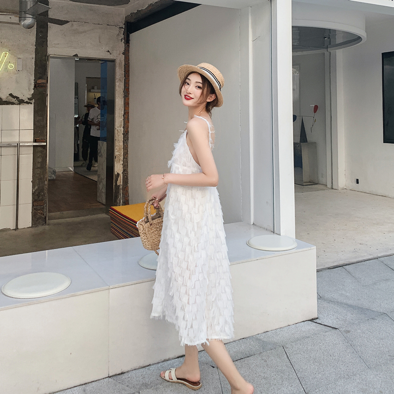 White Fairy Beach Dress for Women ins Super Popular Feather Dress Thailand Seaside Vacation Backless Elegant Spaghetti Strap Dress