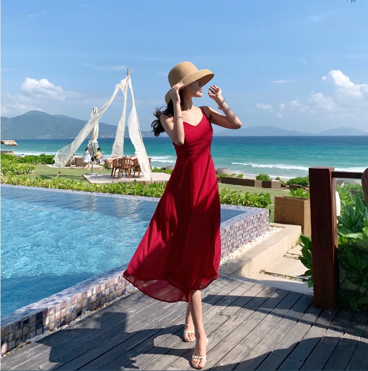 Váy đỏ bên bờ biển kỳ nghỉ váy dài du lịch ảnh treo lưng không lưng váy bãi biển Tam Á nữ váy đầm dự tiệc hàng năm - Sản phẩm HOT