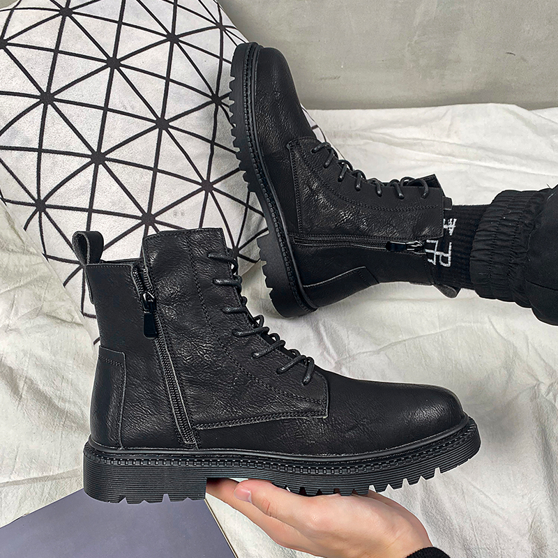 Martin boots men's high-top winter style plus velvet trendy men's shoes British style retro mid-top men's tooling boots genuine leather