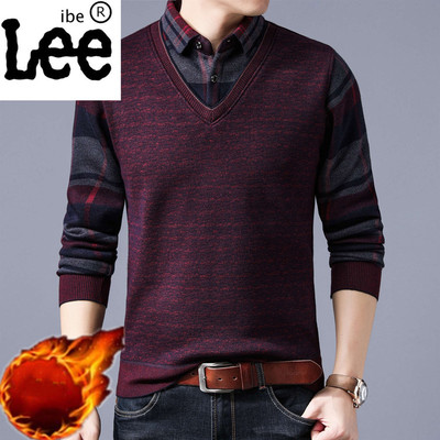 冬季加绒加厚男士假两件套针织衫毛衣