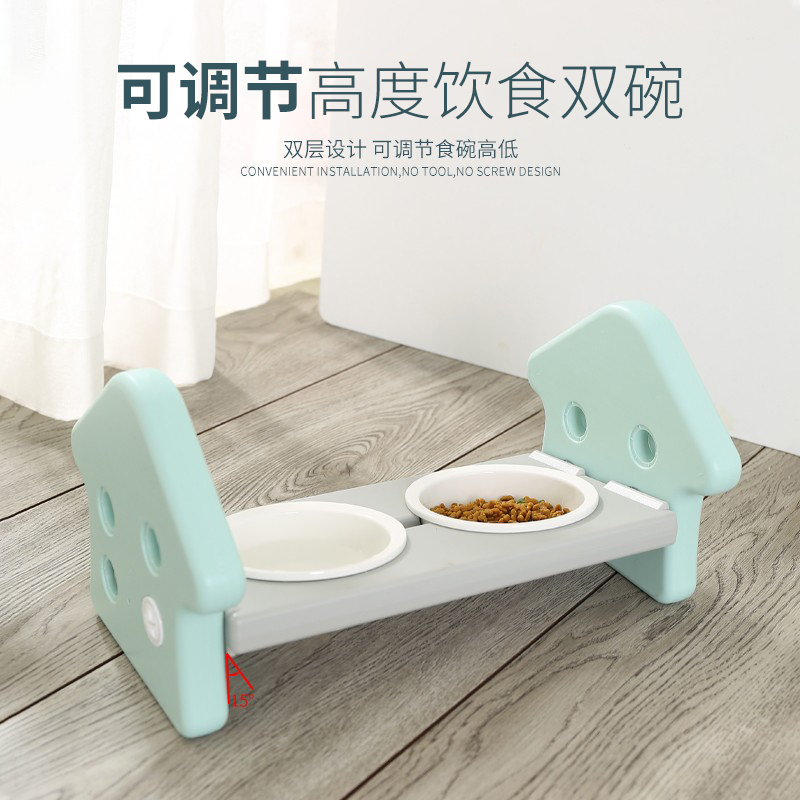Cat bowl ceramic double bowl protects cervical vertebrae high foot oblique mouth anti-overturning stainless steel dog bowl dog bowl small dog supplies