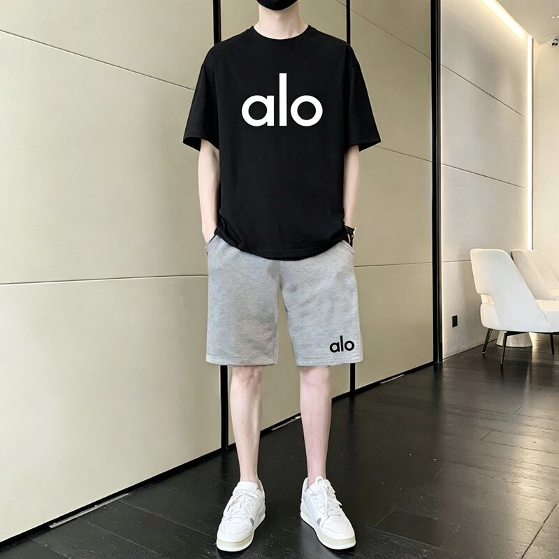 Alo Casual Sports Suit for Men 2026 Summer New Style Pure Cotton T-Shirt Loose Round Neck Short-Sleeved Shorts Two-Piece Set Trendy