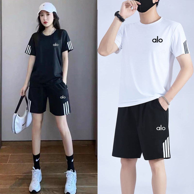 Alo Sports Suit for Men and Women, New Summer Style, Ice Silk Breathable Loose Short-Sleeved Casual T-Shirt, Running Shorts Two-Piece Set Alo Sports Suit for Men and Women, New Summer Style, Ice Silk Breathable Loose Short-Sleeved Casual T-Shirt, Running Shorts Two-Piece Set