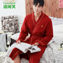 Mens autumn red festive long sleeve cotton pajamas spring Siamese long lace-up bathrobe home clothes