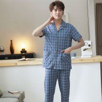 Pajamas mens summer short sleeve trousers pure cotton suit summer men plus size plaid personality trend home wear