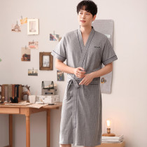 Nightgown men summer cotton short sleeve long pajamas men summer cotton bathrobe fashion personality trend home wear