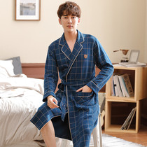 Korean spring and autumn men long sleeve plaid cotton robes male Spring plus fat large tether pajamas trend home clothes