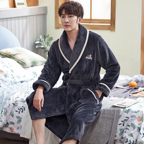 Korean version of autumn and winter mens personality fashion flannel tether pajamas home clothing coral velvet padded large size nightgown