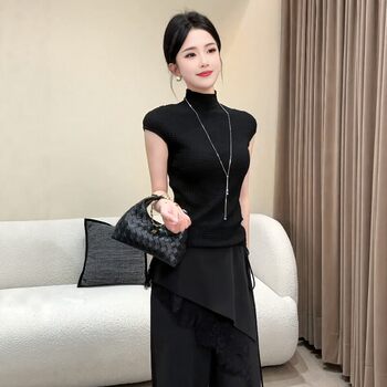 Korean-Style Black Half-High Collar Short-Sleeve T-Shirt for Women, Summer 2026, High-End, Elegant, Slim-Fit, Flattering Inner Top