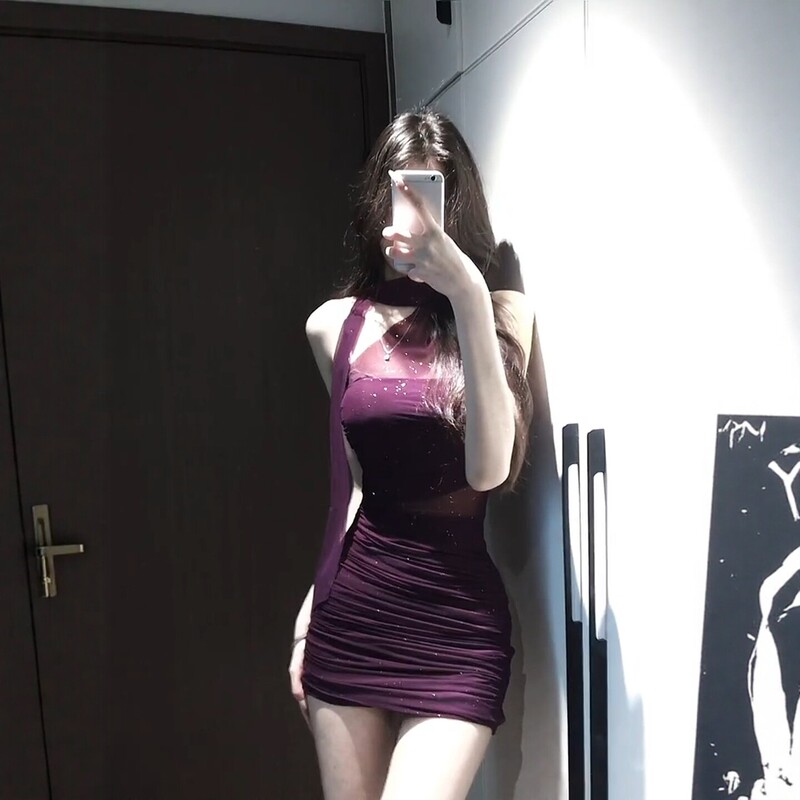 Pure Desire Purple Sequined Mesh Sleeveless Patchwork Dress for Women, New Summer Style, Sexy Slim Fit, Hip-Hugging Short Dress