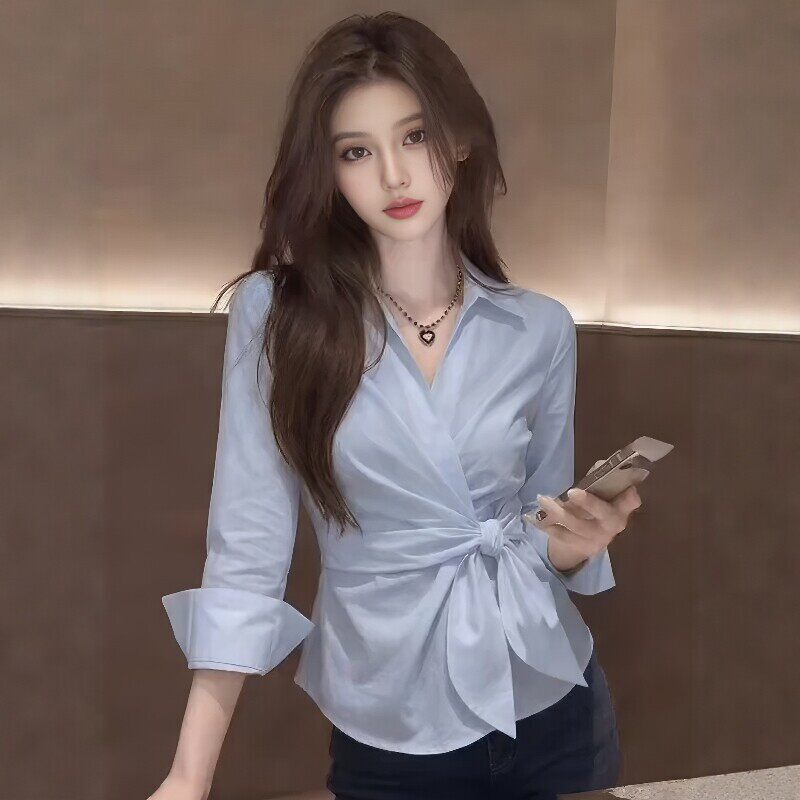 Korean Style Blue Lapel Waist-Tie Shirt for Women, Summer Sun Protection Shirt, Super Nice Long-Sleeved Top Korean Style Blue Lapel Waist-Tie Shirt for Women, Summer Sun Protection Shirt, Super Nice Long-Sleeved Top
