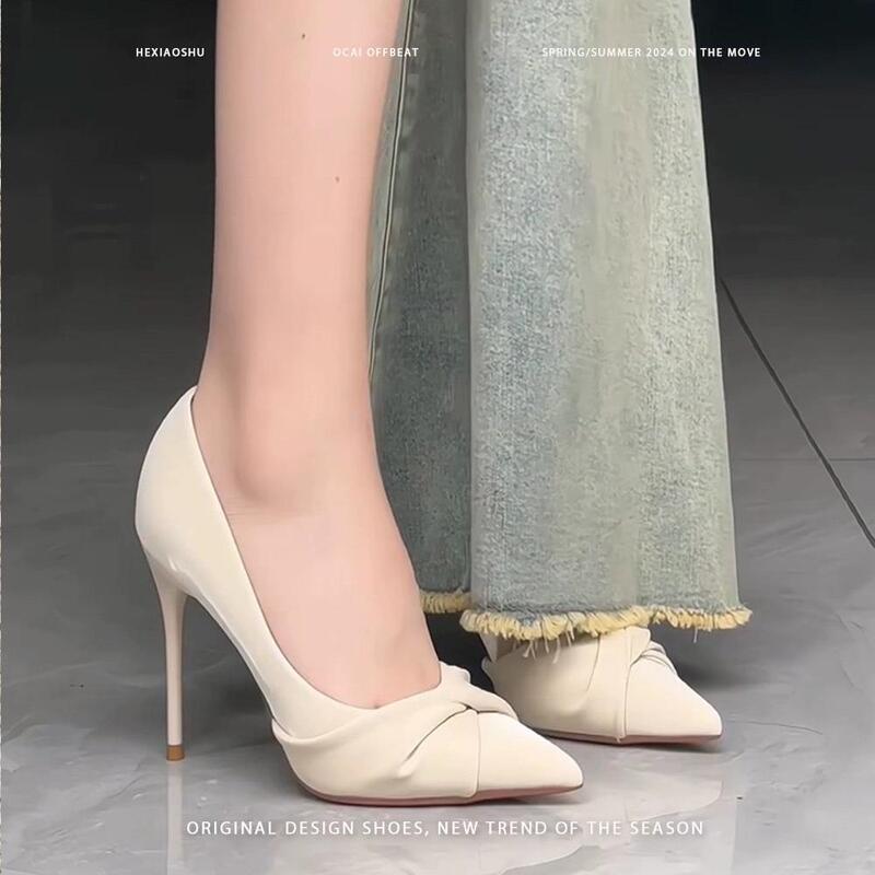 French-Style Niche Pointed-Toe High Heels for Women 2026 Spring and Autumn New Design Off-White Pleated Stiletto Bridesmaid Shoes