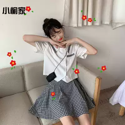 (Two-piece suit)2020 summer Korean uniform shirt top plaid pleated skirt half skirt A-line skirt tide