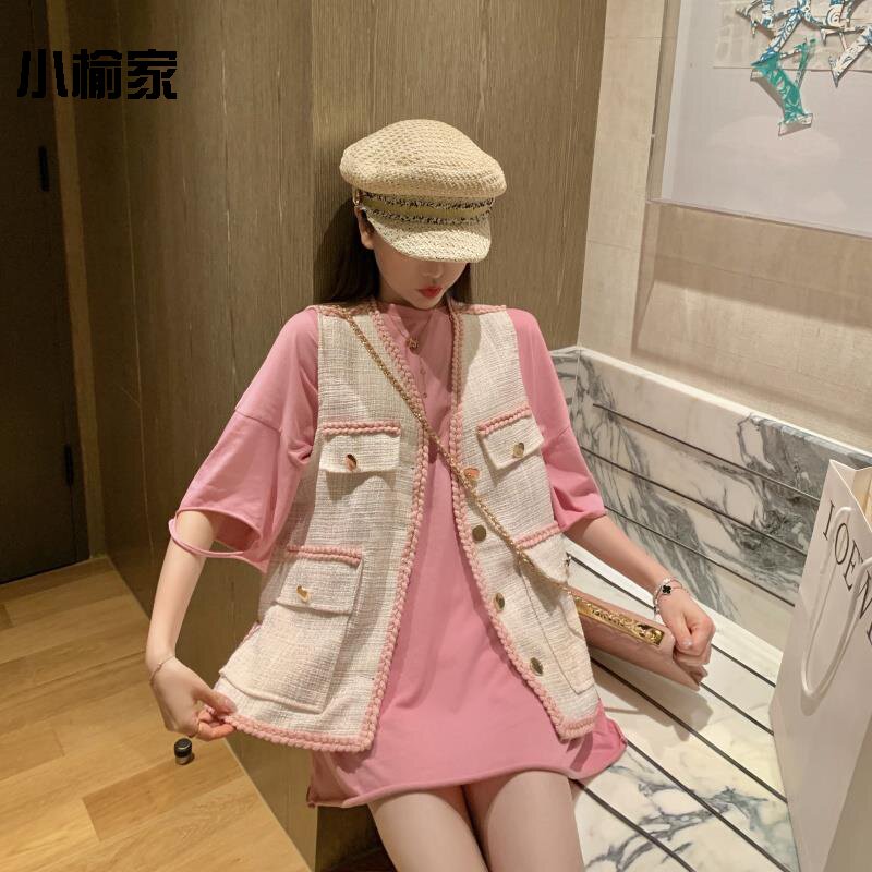 Temperament small balsamic wind suit 2019 summer loaded with coarse flowers Machia short sleeve breaking hole T-shirt new fashion Two sets of women