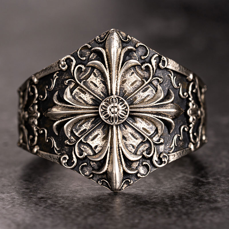European and American Iris Flower Silver Ring, Baroque Carved Silver Jewelry, Single Personality Trendy Men's Adjustable Open Ring with Engraving