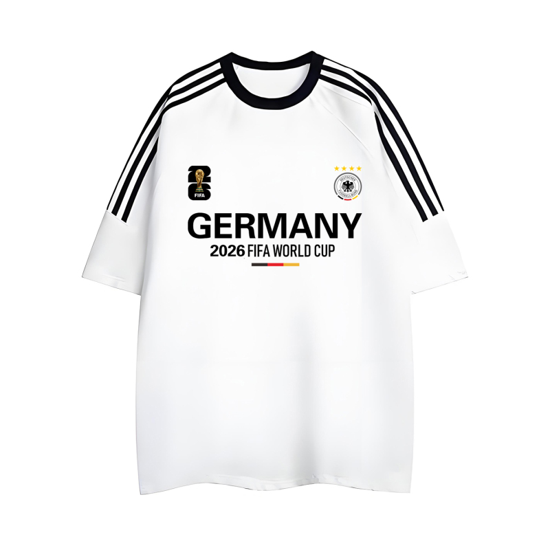 Football 2026 World Cup Germany Team Short-Sleeved T-Shirt for Men and Women, Summer Pure Cotton Heavyweight Top, Football Three Stripes