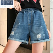 . (Slim thời trang) mùa xuân denim lỗ quần short nữ và mùa hè mới lớn mã của phụ nữ cao eo hẹp