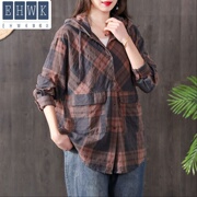 . 2020 mùa xuân mới đội mũ trùm đầu áo nữ áo khoác sọc ca rô Loose Vintage Shirt Lên trên