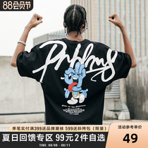 PRBLMS national tide fun cartoon anime no problem gesture big LOGO full print short sleeve men summer loose T-shirt