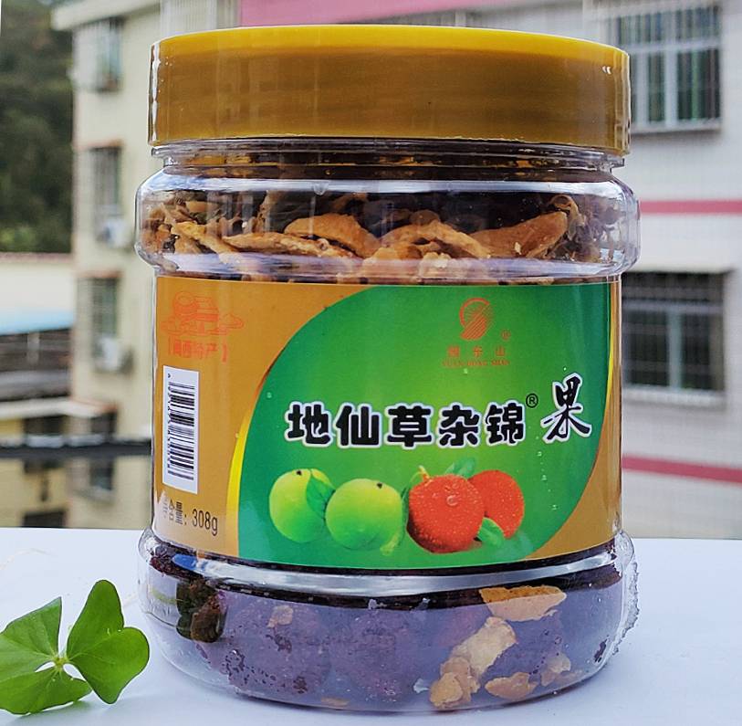 Longyan specialty Xiancao miscellaneous orchard dried tangerine peel bayberry green plum Houttuynia cordata canned 308 grams 238 grams sweet and sour