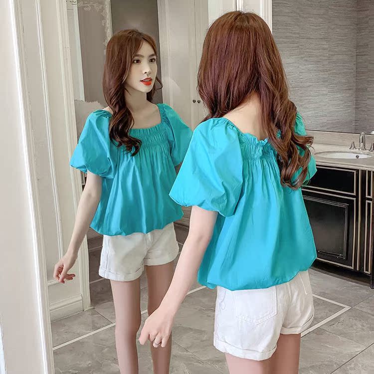 2022 Summer new Korean version Loose Square Collar Pure color casual shirt 100 lap fold Blister Blouse Blouse