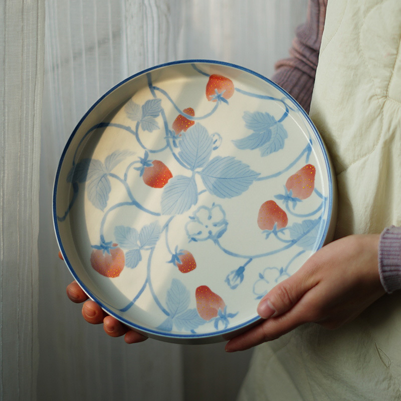 Nippon Akagi Strawberry Series Hand-Painted Blue and White Cup Plate Fruit Plate Dessert Plate Pastoral Style Home Dinner Plate