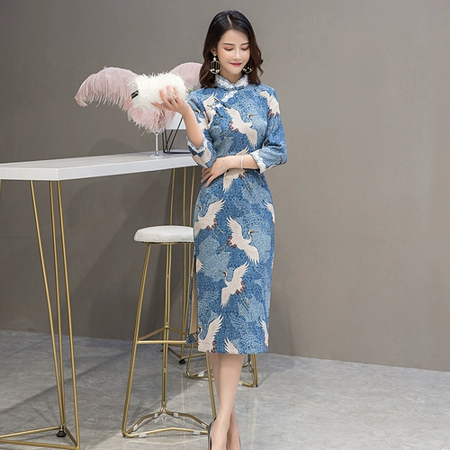 Демисезонный легкий пуховик, элегантное ципао, лонгслив, бархатное платье, 2019, светлый стиль