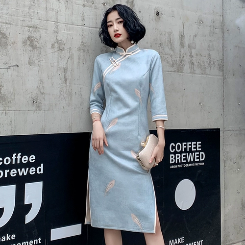 Легкое элегантное демисезонное ципао, платье, светлый стиль, китайский стиль