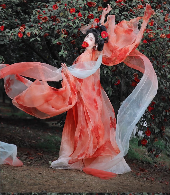Hanfu for Women, Tang-Style Chest-Length Headdress Skirt with Petal-Shaped Torn Large Sleeves, Red Carp, Super Fairy-Like Han Elements, Spring and Summer Outfit