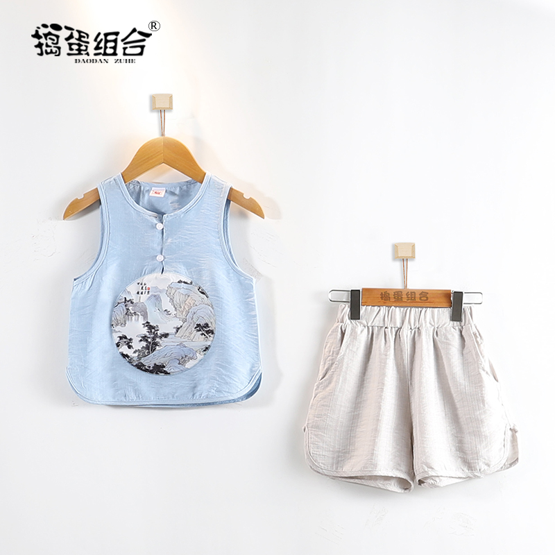 Children's sleeveless vest suit boy Hanfu summer thin section Chinese style Tang suit male baby one year old dress ancient costume