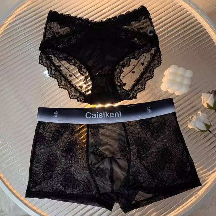 Couple's Underwear, Abstinence-Style for Couples, One Male and One Female, Sexy and Ultra-Hot, Pure Desire Style, Ultra-Thin, Black Lace with Straps