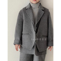Bora Korean mens and womens woolen coats autumn and winter clothing for small and medium-sized babies new fashion gray long coat