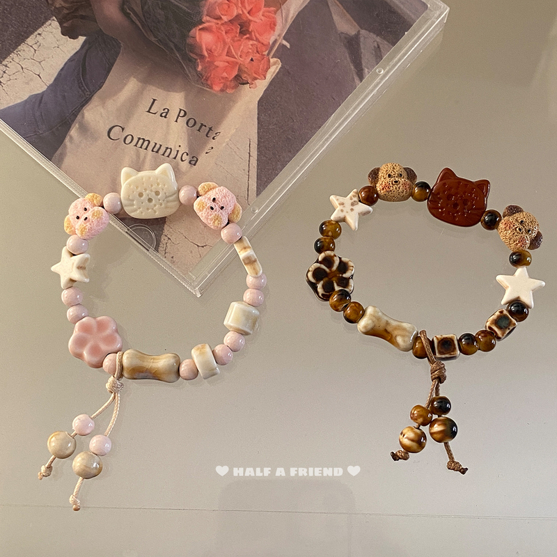Cute Biscuit Cat and Puppy Ceramic Bracelet with Porcelain Beads, Versatile Woven Friendship Bracelet for Besties, Couples, and Students