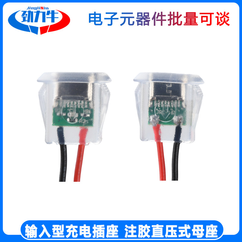 透明2Pin注胶直压式母座USB-C电源端口Type-C 输入型充电插座防水