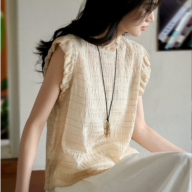 Silk Round-Neck Top with Small Flutter Sleeves for Women, Summer 2026, Sleeveless, Genuine Silk, Light Luxury, High-End, Niche, Thin Blouse Silk Round-Neck Top with Small Flutter Sleeves for Women, Summer 2026, Sleeveless, Genuine Silk, Light Luxury, High-End, Niche, Thin Blouse