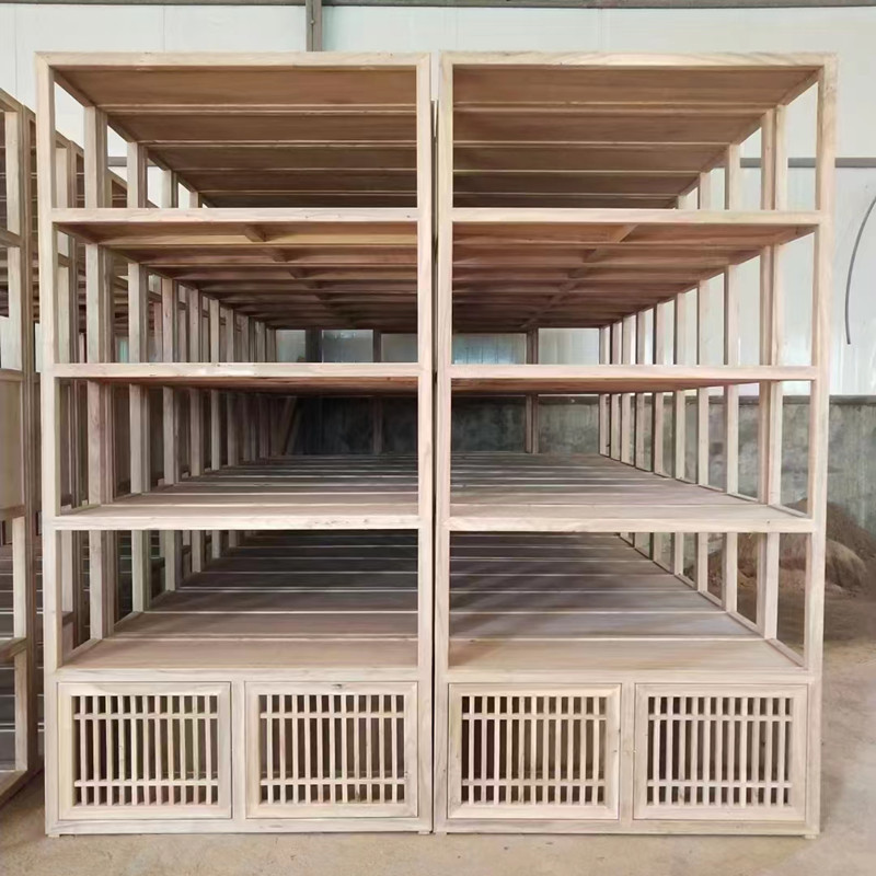 Solid Wood Display Shelf with New Grid Design for Storing and Partitioning, Made of Old Elm Wood with a Natural Finish