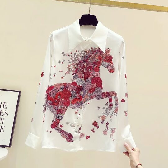 Long-sleeved shirt for women spring and autumn 2025 new style fashionable acetate satin lapel printed design niche top