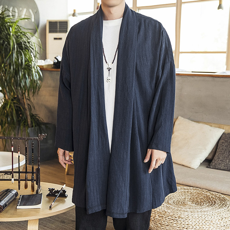 Autumn-winter Chinese cotton linen style male medium long version Chinese windy cardiovert traditional high neckline linen cloak jacket