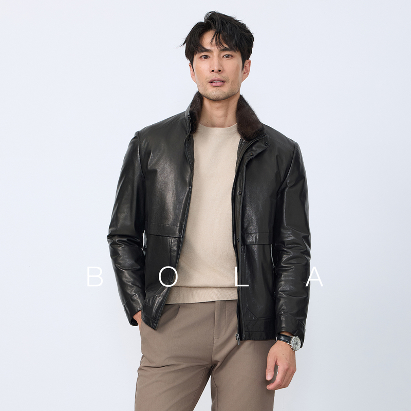 New Genuine Leather down Jacket for Men, High-End Vegetable-Tanned Goatskin, Mink Stand-Up Collar, Short Jacket, Light Luxury Leather Coat