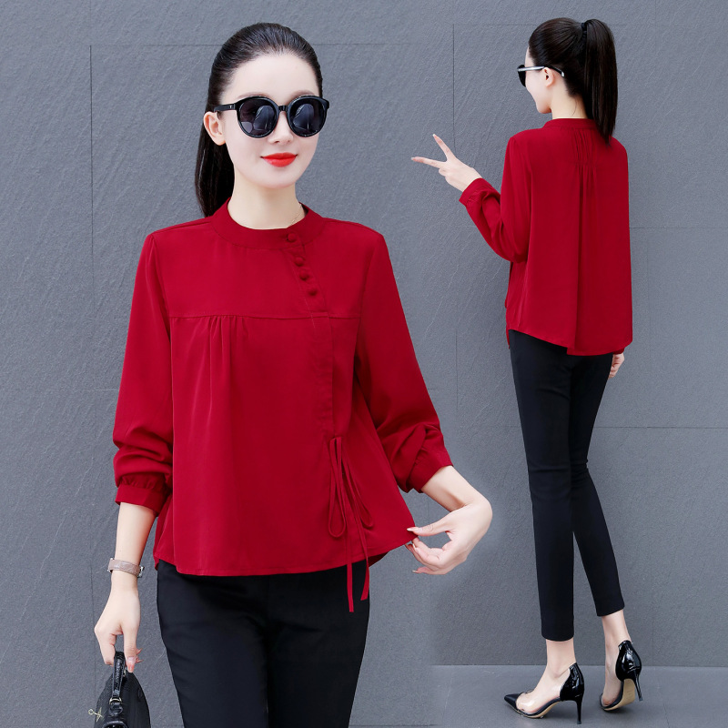 Red Long-Sleeved Shirt for Women, New Spring and Autumn Style, Loose Fit, Slimming, Round Neck, Tie-Waist Top, Fashionable and Elegant Shirt Red Long-Sleeved Shirt for Women, New Spring and Autumn Style, Loose Fit, Slimming, Round Neck, Tie-Waist Top, Fashionable and Elegant Shirt
