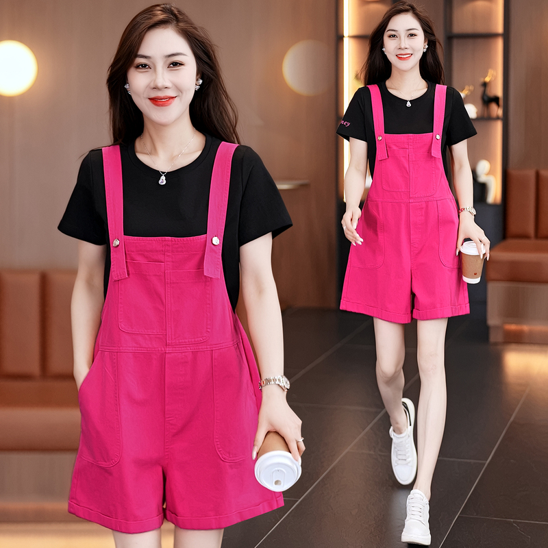 Denim Overalls Shorts Set for Women, New Summer Fashion Trendy Short-Sleeve T-Shirt and Overalls Two-Piece Set