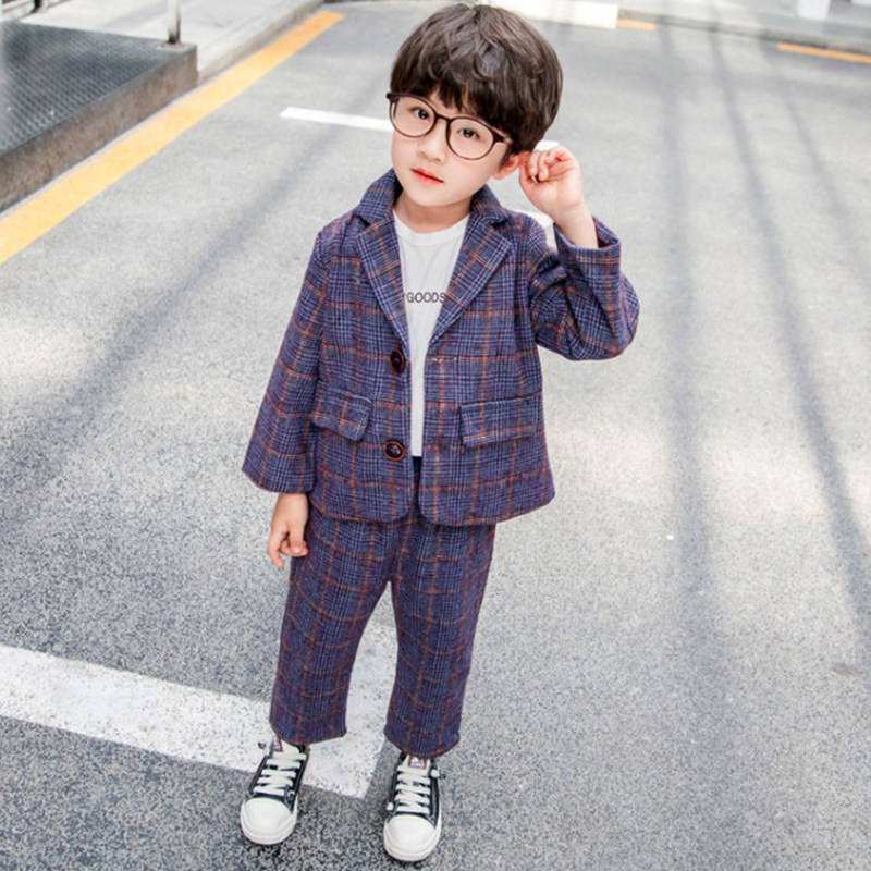 Boy Suit Plaid Spring Autumn Handsome Qi Casual Baby Foreign Pie Korean Version Gown children Western suit Men's suit suit