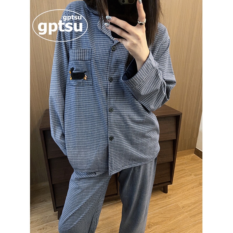 Japanese-Style Gp Cartoon Dachshund Pure Cotton Pajamas for Women, Lazy Plaid Autumn and Winter Long-Sleeved Long Pants Couple Loungewear Set