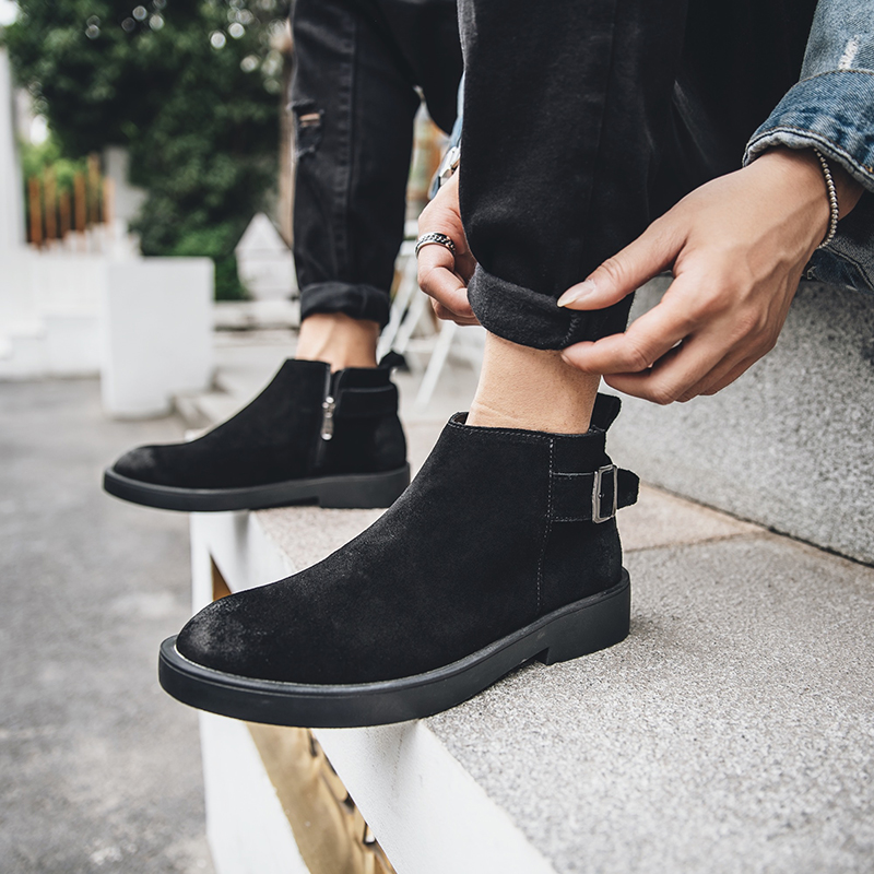 Summer pointed black Chelsea boots men's British style mid-tube Martin boots trendy men's short boots leather high tube leather shoes trend
