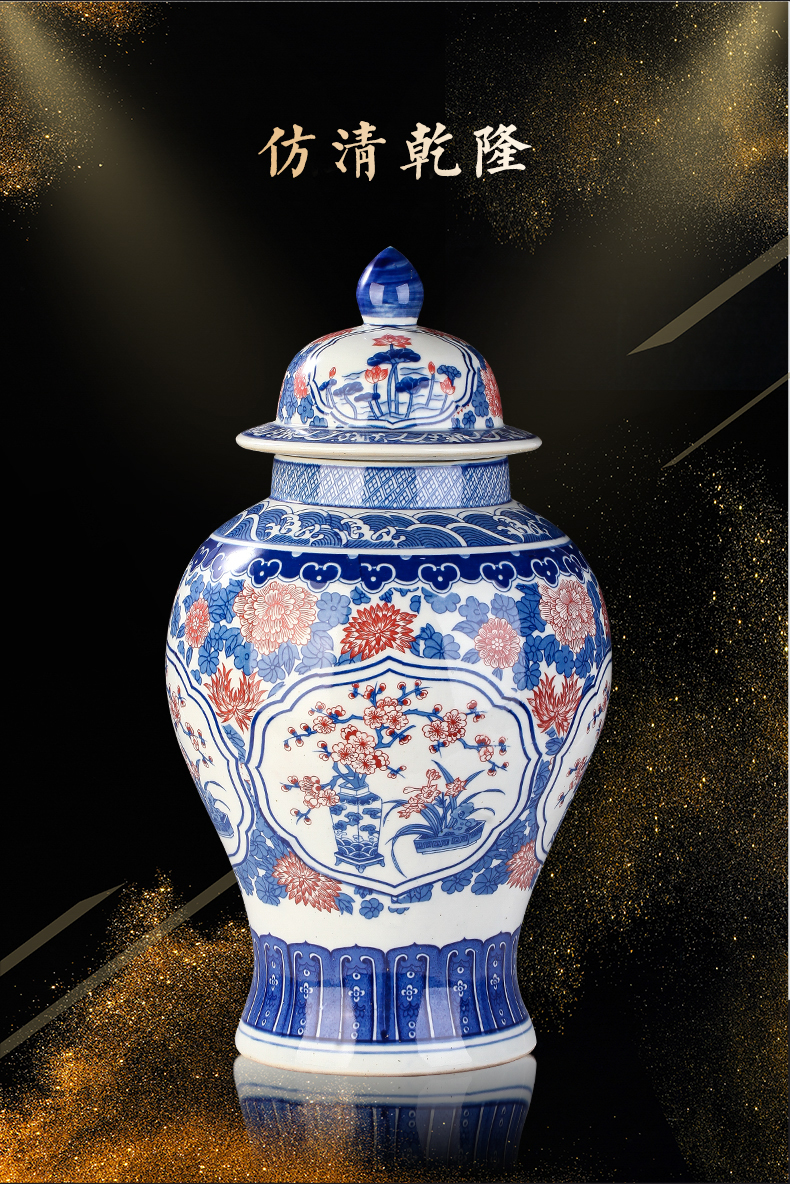 Jingdezhen ceramic general furnishing articles put lotus flower grain size of blue and white porcelain jar of Chinese style living room TV cabinet storage tank