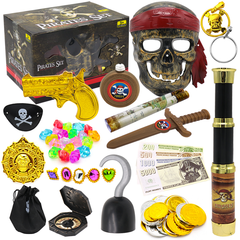 Children Halloween Items Toy Pirate Treasure Chest Kit Emulation Mask Telescope Model Gems Gold Coins