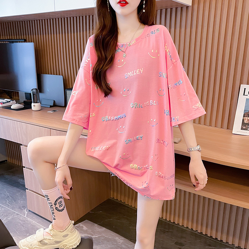 Plus Size Women's Clothing, Fat mm (Referring to a Specific Size or Type of Body), Graffiti Gold Foil Mid-Length Short-Sleeved T-Shirt for Women, Summer Loose Korean Style Slimming Top 100kg