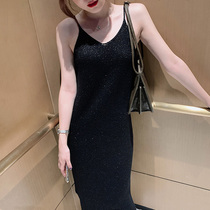 Knitted sling dress Womens Spring and Autumn long V collar sexy split wool inner black vest bottom dress