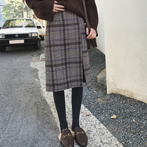 Hairy plaid skirt womens autumn and winter temperament retro long slim slim high waist split step bag hip skirt